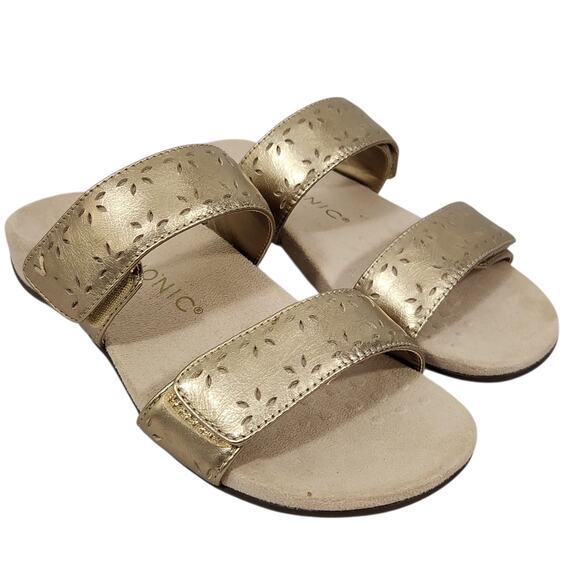 VIONIC WOMENS RANDI GOLD METALLIC LEATHER COMFORT SLIDE SANDALS ADJUSTABLE SZ 6 - Picture 1 of 8